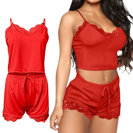 Red Women Intimates Accessories  Womens Pajama Sets Soft Lace Trim Lingerie Sleepwear 2 Piece Shorts Set Neck Pj Nightwear Bridal Gifts Women s Bra & Brief Sets L