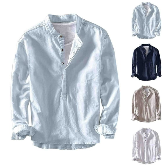 safuny Fashion Solid Color Pullover Long Sleeve Tees Half Button Fall Casual Cotton Sweatshirts Stand Collar Shirts Relaxed Slim Tops for Men Outwear Blue L