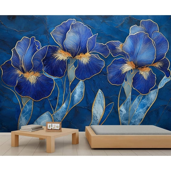 Modern Blue Flowers Wall Mural, Abstract Marble Texture Mural Wallpaper, Nordic Light Luxury Art Large Wallpaper For Bedroom Living Room Dining Room Wall Decor 55"W x 28"H (Not Peel and Stick)