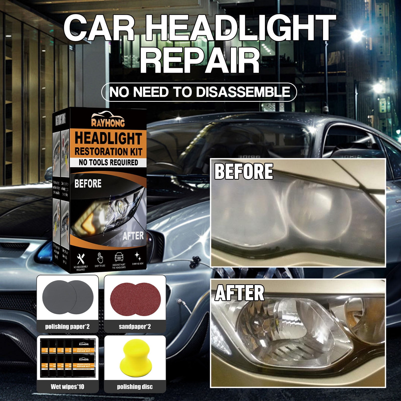 Headlight Restoration Kits  Sandpaper Pads, Lens Polishes, Wipes