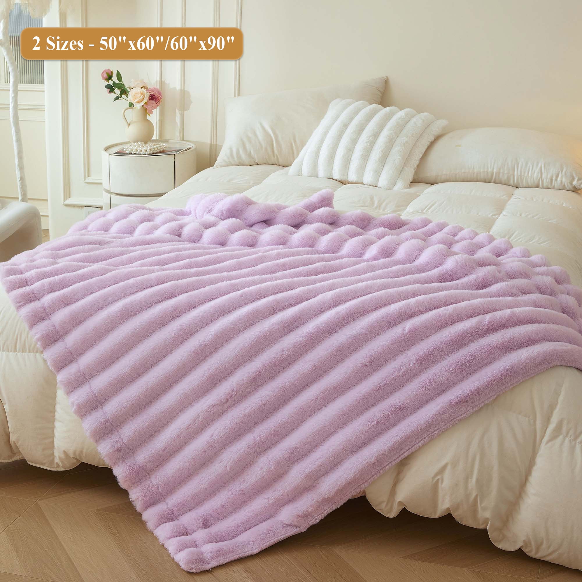 XeGe Fluffy Faux Rabbit Fur Bed Blanket, Soft Wide Stripe Plush Fuzzy Throw for Couch Sofa, Light Purple Shaggy Throw Bedroom Living Room, Large Furry Blanket for Kids Girls Adults, 60x90, Lavender