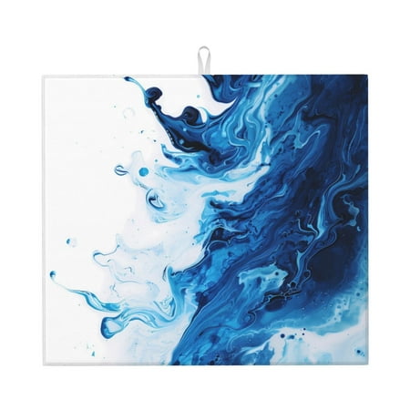 

Dish Drying Mats for Kitchen Counter Blue White Fluid Art 16x18in Dish Drying Pad Coffee Mat with Hanging Loop Super absorbent Kitchen Counter Mat Coffee Bar Accessories