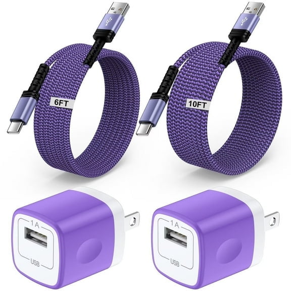 Type C Charger Block,with 2PACK Android Charger Fast Charging Cable 6ft/10ft 5V/1A Usb Charger Block Wall Adapter Plug Brick Phone Chargers for Android Phone, Block Type C,Purple