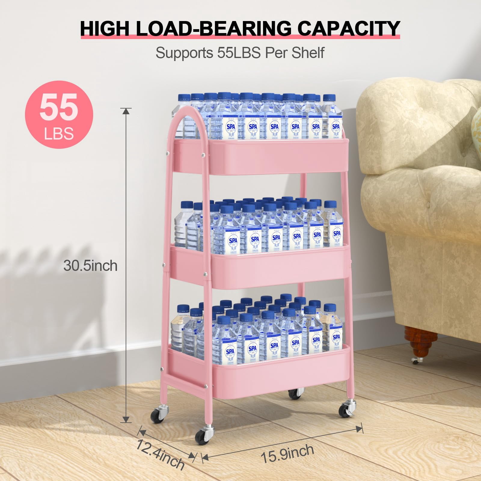 Baby Diaper Caddy Organizer Cart Metal rolling cart,3 Tier Rolling Storage Cart with Wheels,Baby Essentials for Diapers and Baby Wipes Newborn Essentials Storage Cart (Pink)