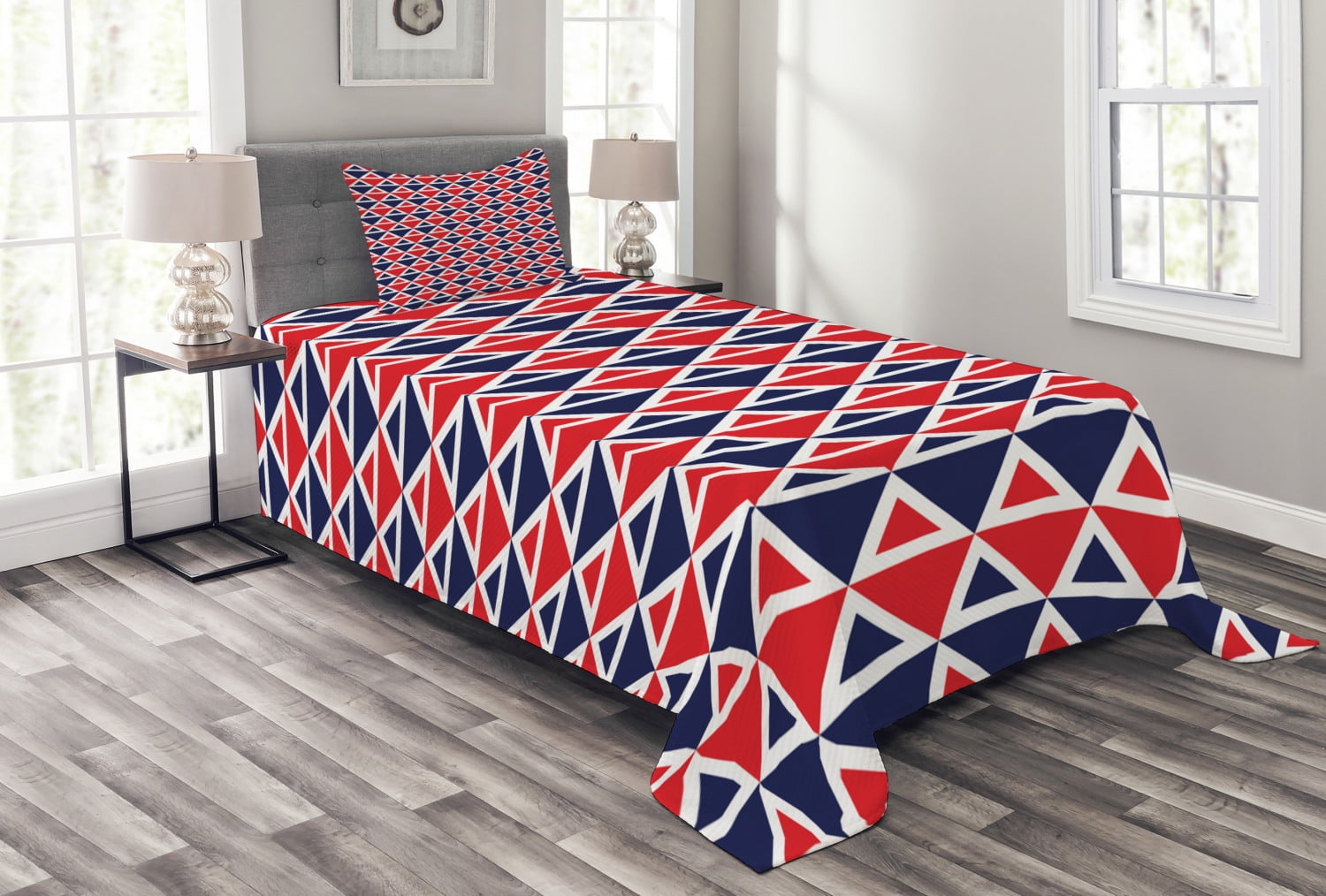 Americana Bedspread Set Twin Size, USA Flag Inspired Abstract Pattern