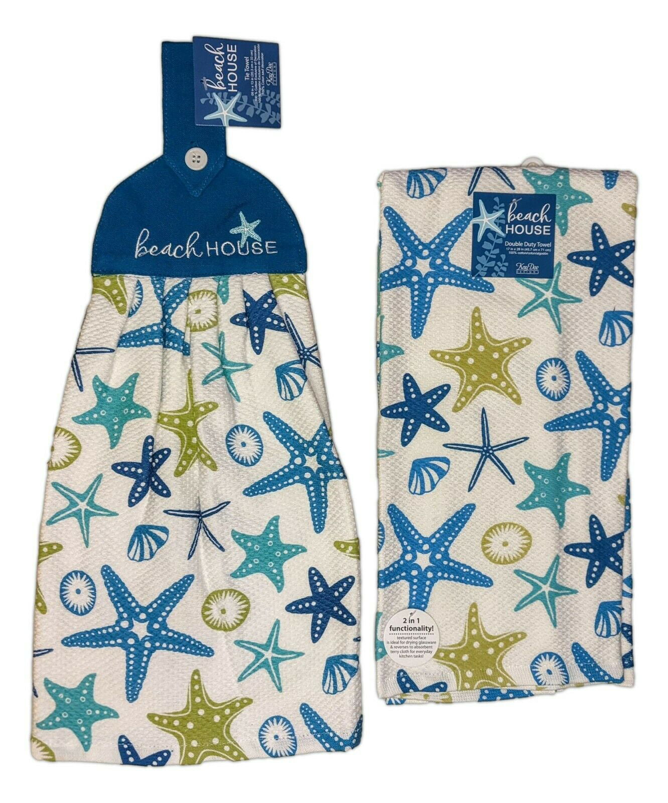 Set of 2 Beach House STARFISH Double Duty Terry Kitchen Towels