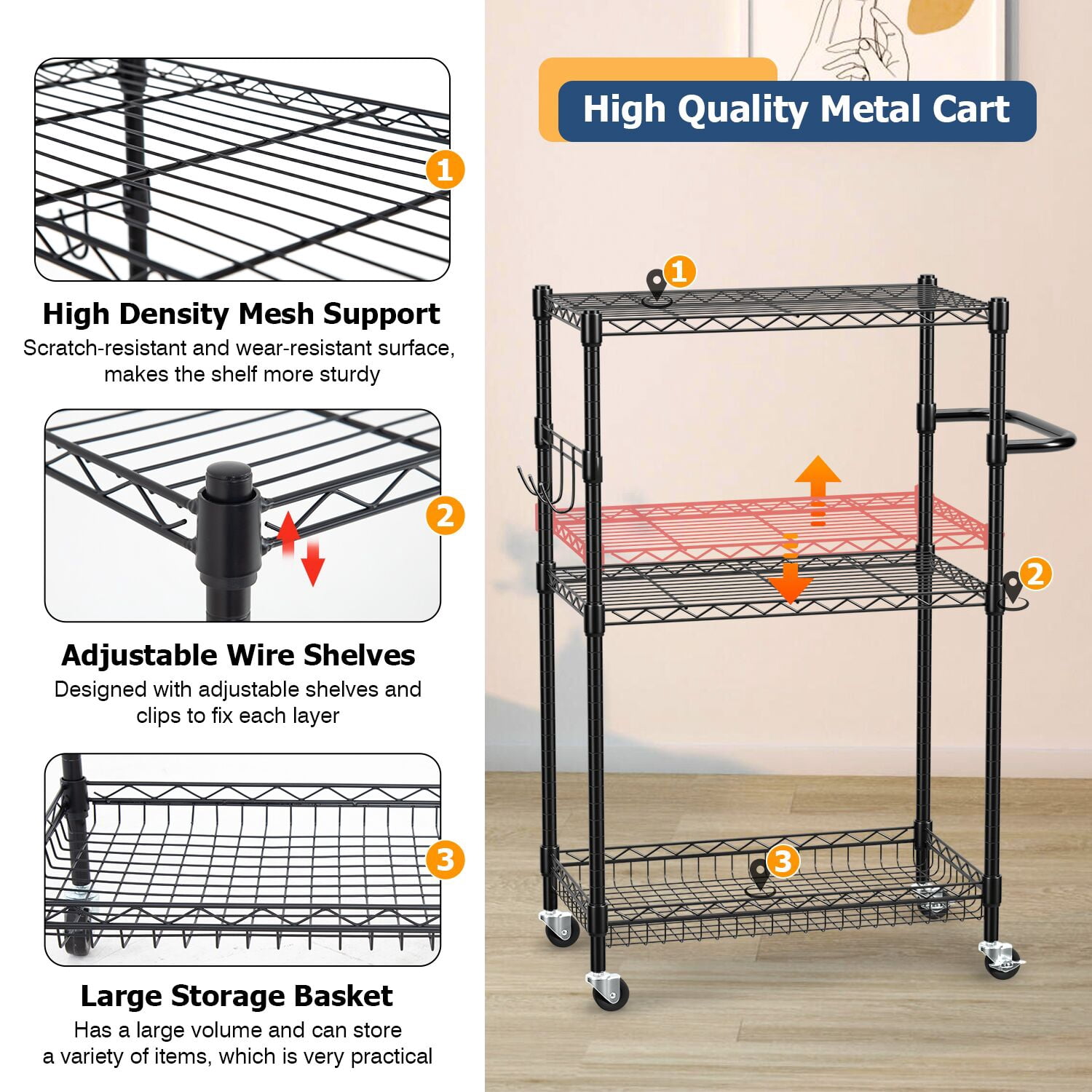 FDW 3-Tier Storage Wire Rack Metal Storage Shelf Heavy Duty Shelf With Wheels For Home,Black