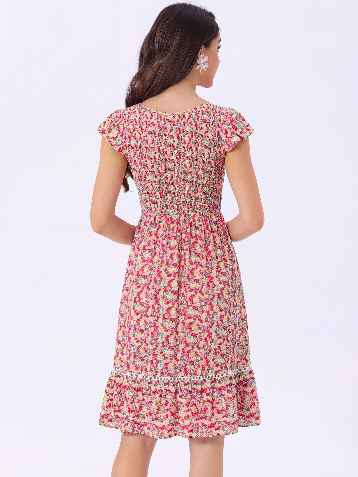 DARING DIVA Women's Stylish Midi Smocked Floral Fit and Flare Dresses M White Red