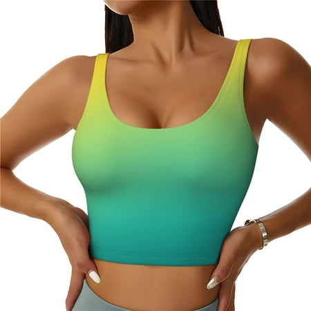 Qokaie Teal To Yellow Gradient Pattern Womens Scoop Neck Sports Bra Breathable Workout Vest Padded U Back Medium Impact Fitness Gym Yoga Bra Workout Crop Top-Medium