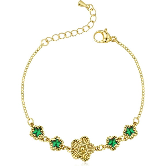 Gold Plated Clover Flower Bracelet for Women Non Tarnish 18K Gold Plated Emerald Green Star Charm Adjustable Link Chain Bracelets Lucky Trendy Jewelry Gifts