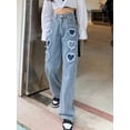 thumbnail image 3 of Women's High - Waisted Wide - Leg Jeans  Fashion Washed Blue Casual Jeans Y2K Sweet Trend Cotton Denim Heart - Patch Design Loose Fit Everyday Street Work Party Wear, 3 of 5