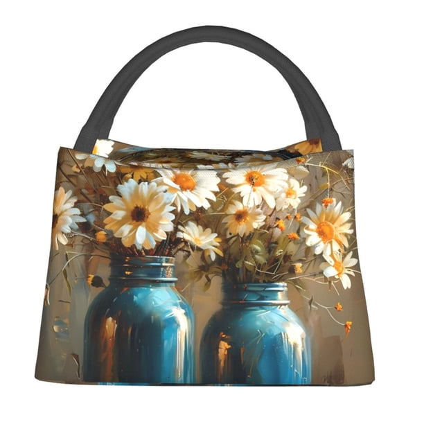 Balery Rustic Daisy Mason Jars Bolsa de Aislamiento Portátil – Bolsa de Almuerzo con Forro de Aluminio Mejorado, Funda Impermeable y Fácil de Limpiar para Picnic y Caja de Almuerzo