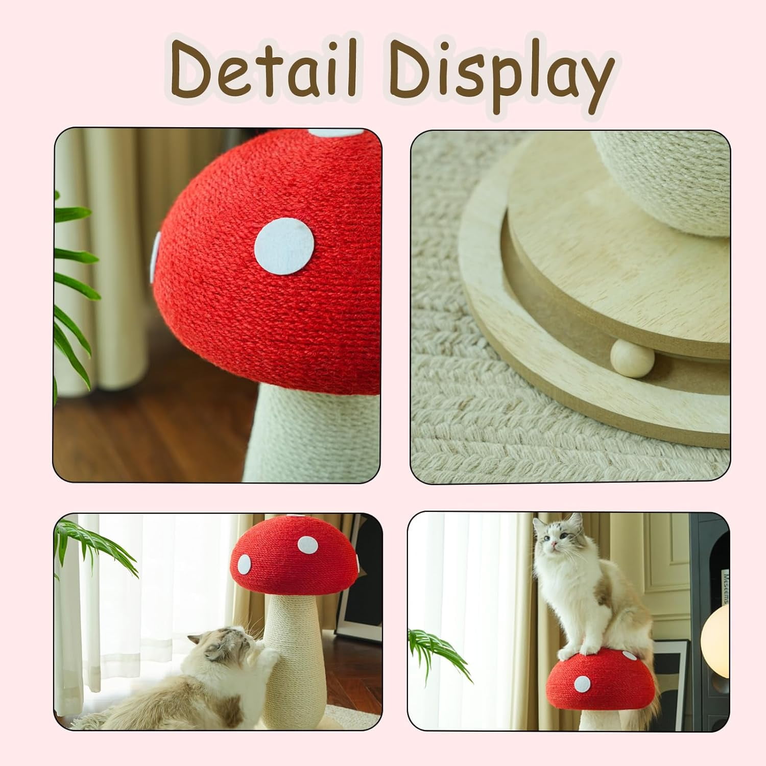 Mushroom Cat Scratching Post for Indoor Cats, Cute Scratching Post with Durable Solid Wood Spinner Toy, Mushroom-Shaped Cat Toy and Sisal Scratching Post to Protect Your Furniture