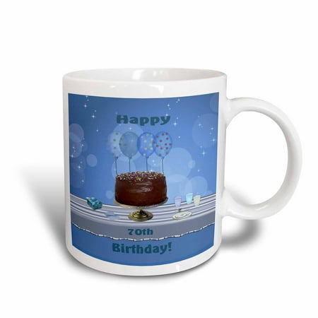 3dRose 70th Birthday Party with Chocolate Cake and Blue Balloons, Ceramic Mug,