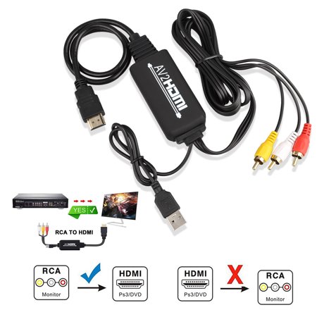 - RCA to HDMI Converter, RCA to HDMI Cable, AV 3RCA CVBS Composite Audio Video to 1080P HDMI Adapter Supporting PAL NTSC for PC Laptop Xbox PS3 PS4 TV STB VHS VCR Camera DVD
