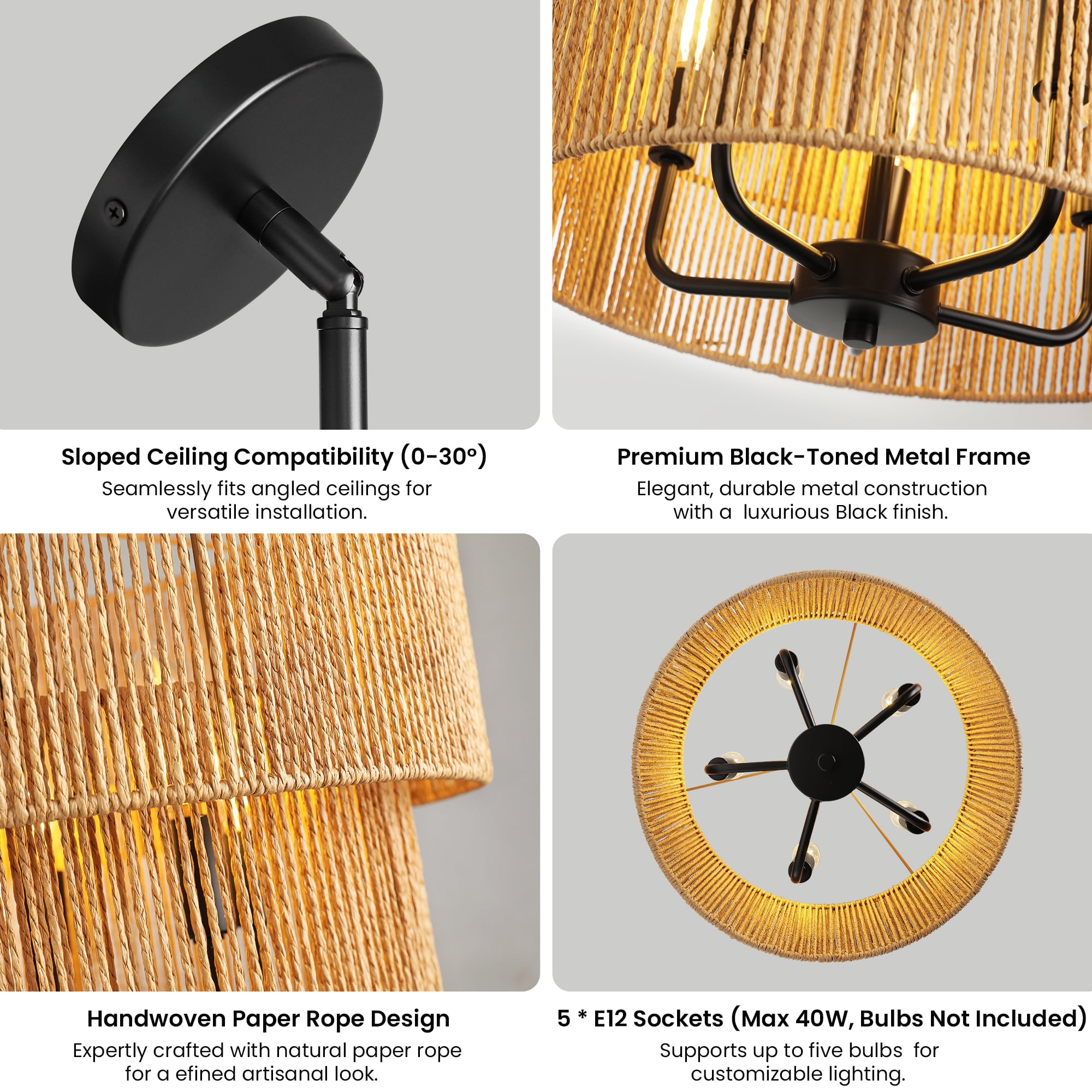 Woven Hemp Rope 5-light Pendant Light Hanging Fixture for Living Room Dining Room and Bedroom