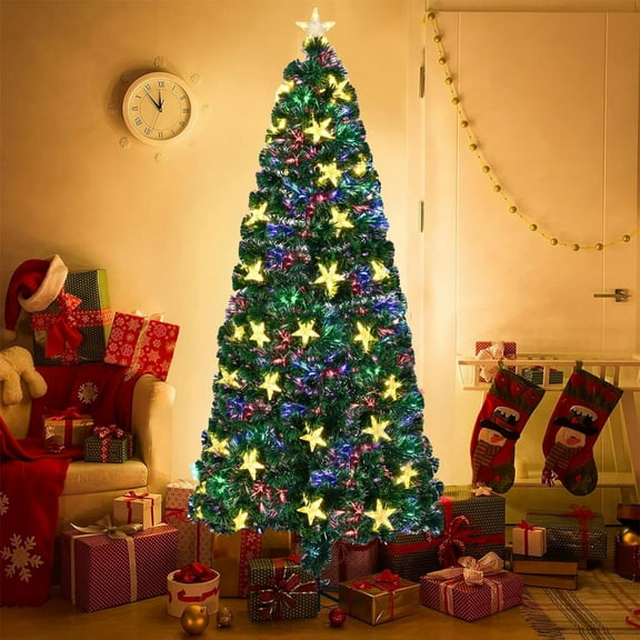 6FT Pre-lit Fiber Optic Christmas Tree with Large Stars, Artificial Xmas Tree Spruce Tree Green Tree with Metal Stand,Full Tree for Holiday Decoration