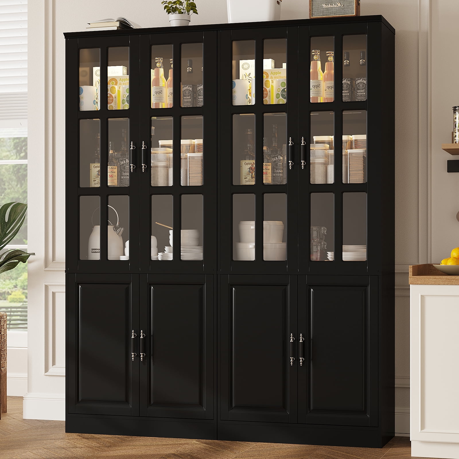 MEISSALIVVE 78.7" Kitchen Pantry Cabinet with Glass Doors & LED Lights, Freestanding Storage Hutch with Shelves, Black Pantry Cupboard, 31.5" W x 15.7" D