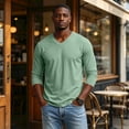 thumbnail image 3 of Mens Long Sleeve Shirt V Neck T Shirts Casual Cotton Plain Basic Tee Lightweight Breathable Classic Slim Fit Shirt Mint Green L, 3 of 8