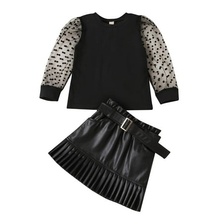 

ZHAGHMIN Teen Girls Trendy Clothes Summer Kids Toddler Baby Girls Long Bubble Sleeve Solid Tops Blouse Patchwork Leather Skirt Outfit Clothes Set 2Pcs New Born Girl Outfits For Pics Posh Gift Set We