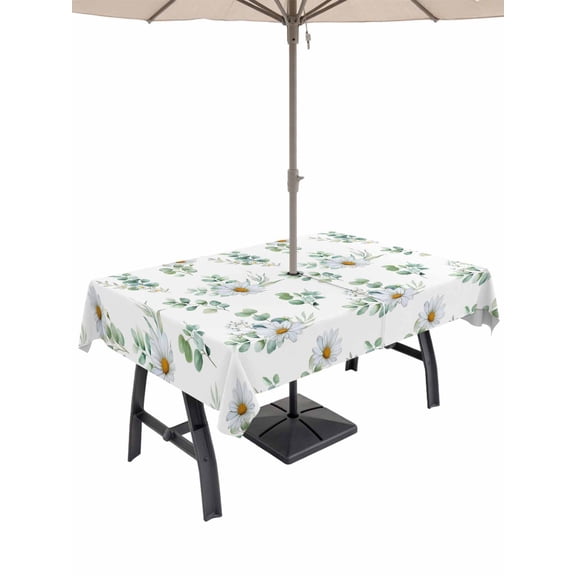 Outdoor Tablecloth with Umbrella Hole and Zipper, Daisy Rectangle Table Cloth 54x80 Inch Waterproof Tablecloth, Spring Eucalyptus Leaves Flowers Botanical Country Picnic Table Cover for Patio Camping