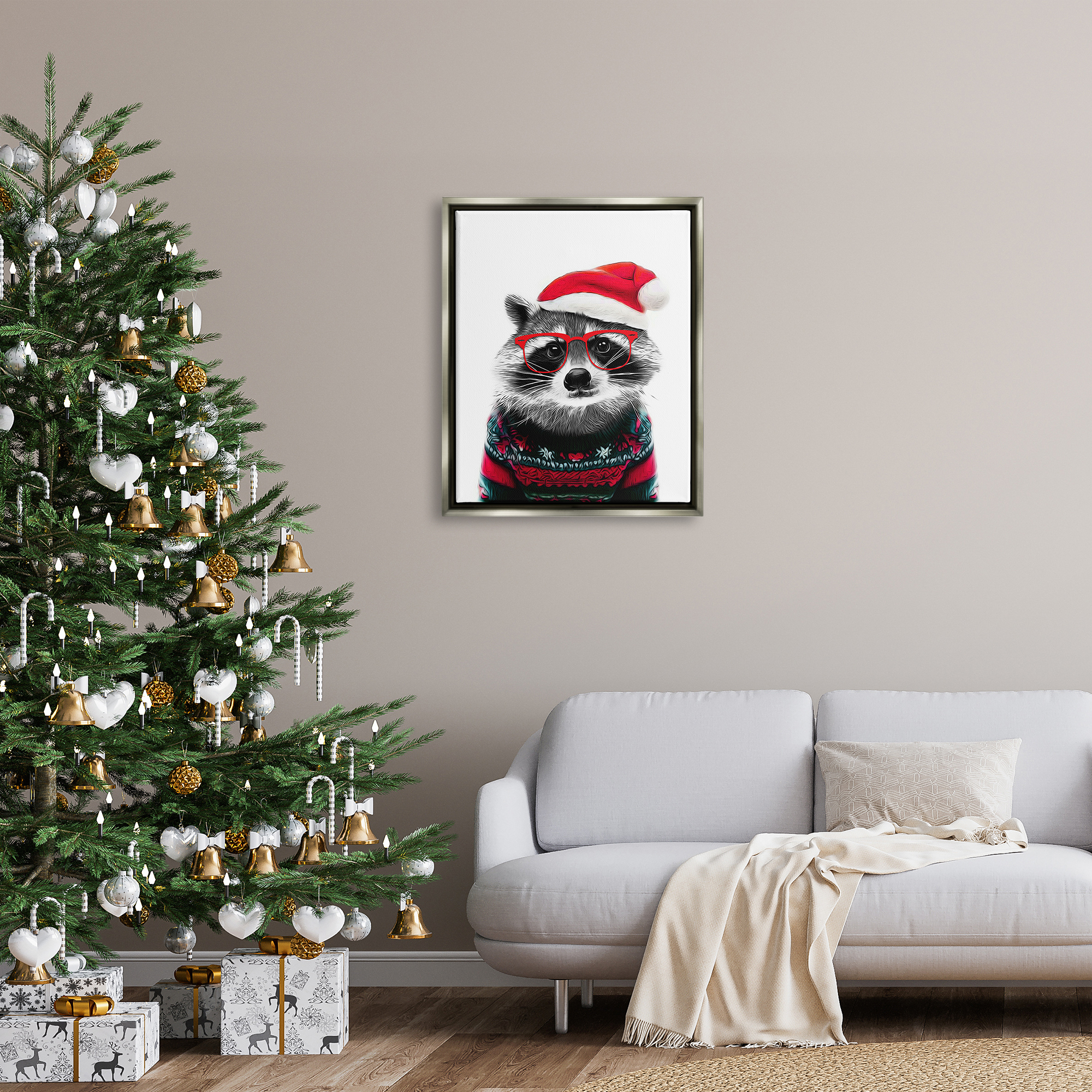 Stupell Industries Raccoon in Holiday Sweater Holiday Painting Gray Floater Framed Canvas Art Print Wall Art, 25 x 31