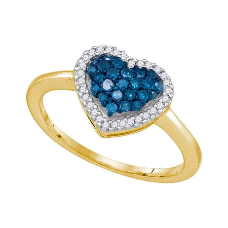One Love Round Ring - 10kt Yellow Gold Womens Round Blue Colored Diamond Heart Love Ring 1/3 Cttw