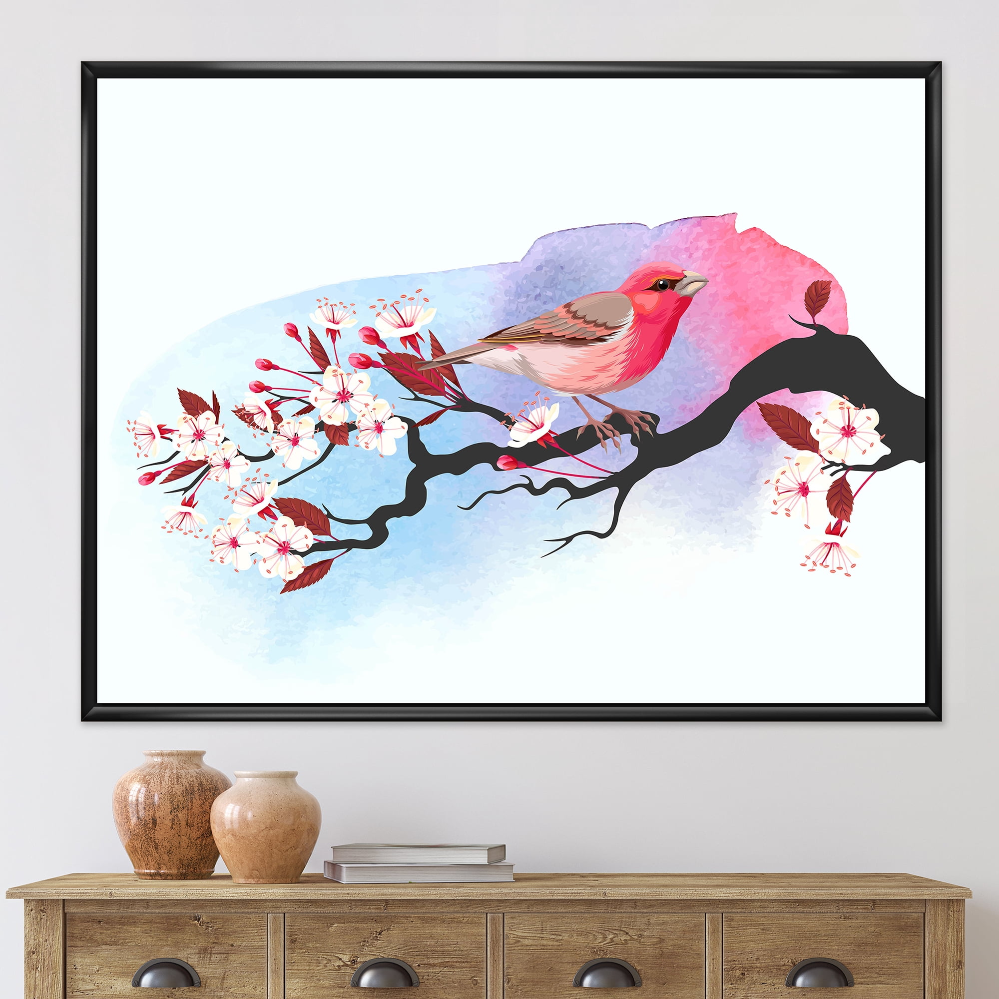 Pink Bird Sitting On Cherry Branch 20 in x 12 in Framed Painting Canvas Art Print, by Designart