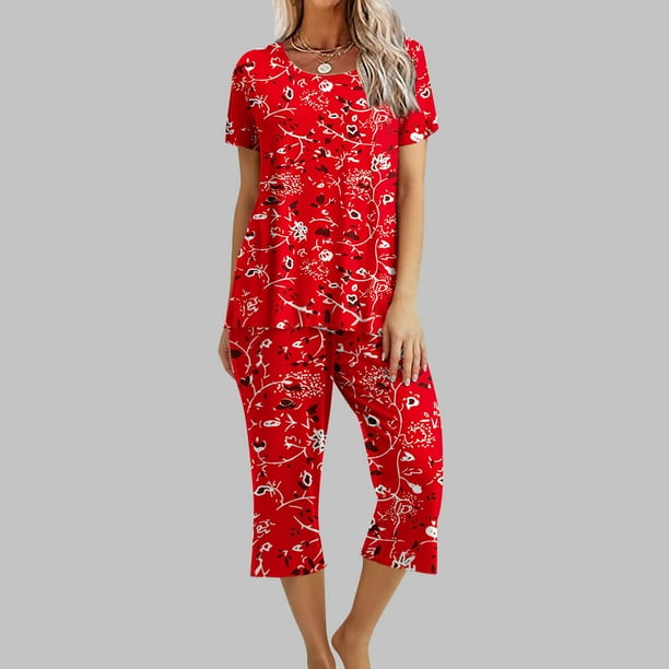 ICHUANYI Clearance Women's Printing Round Neck Short Sleeve Sleepshirt And Pants Sets Loungewear Pajamas With Pockets(Red, L) ICHUANYI WER2023080702673
