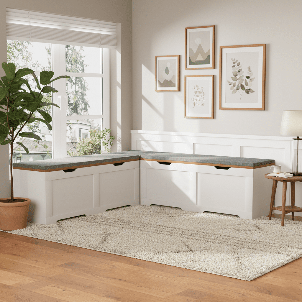 Aukfa 3pcs L-Shaped Storage Bench,Corner Bench with Flip-Top Lid and Cushion for Entryway/Living Room,White