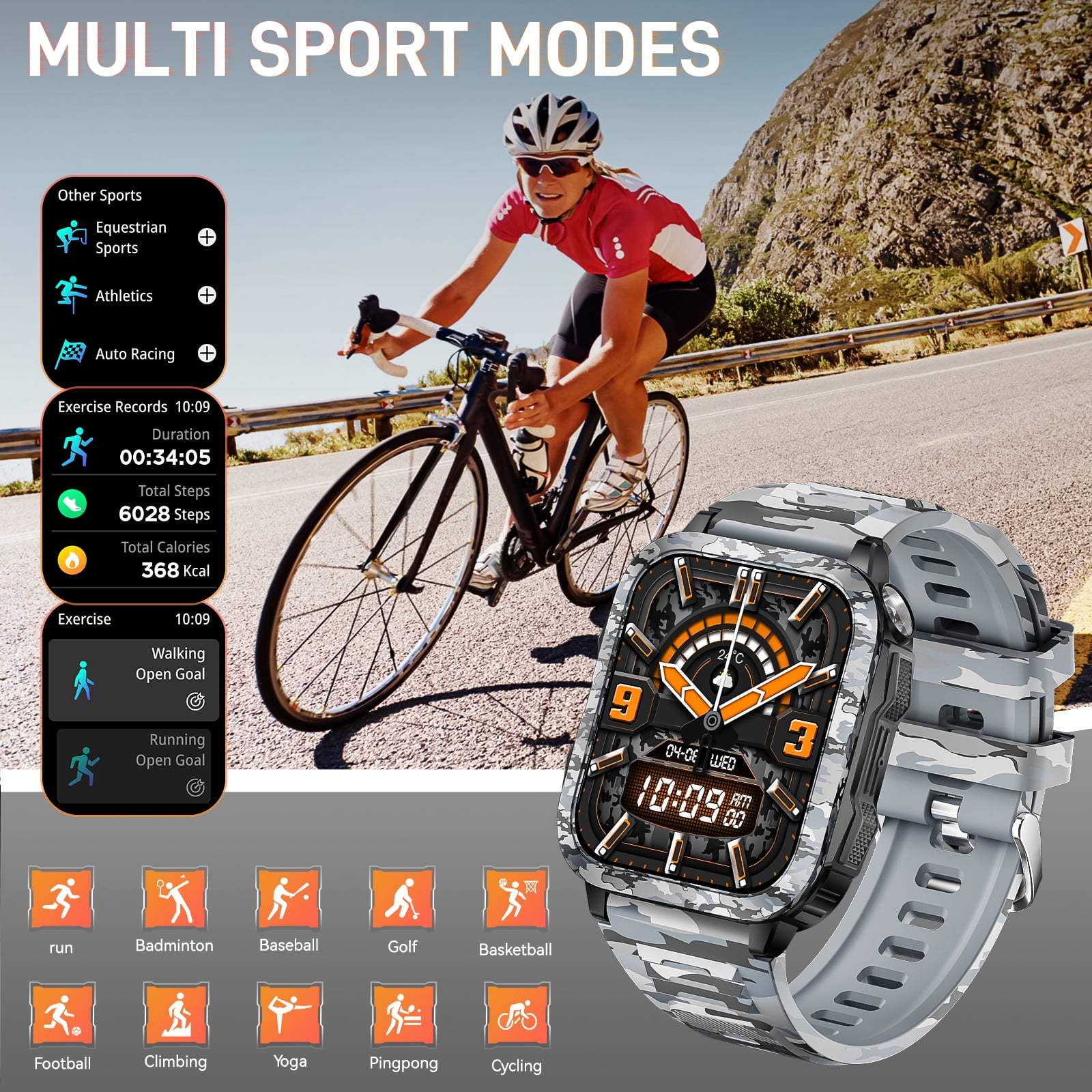 XAXRE KT79 Smart Watch for Men with 1.96" Big Screen LED Flashlight/UV Light 3ATM Waterproof Rugged Smartwatch with Text and Call for iOS Android, 1pc