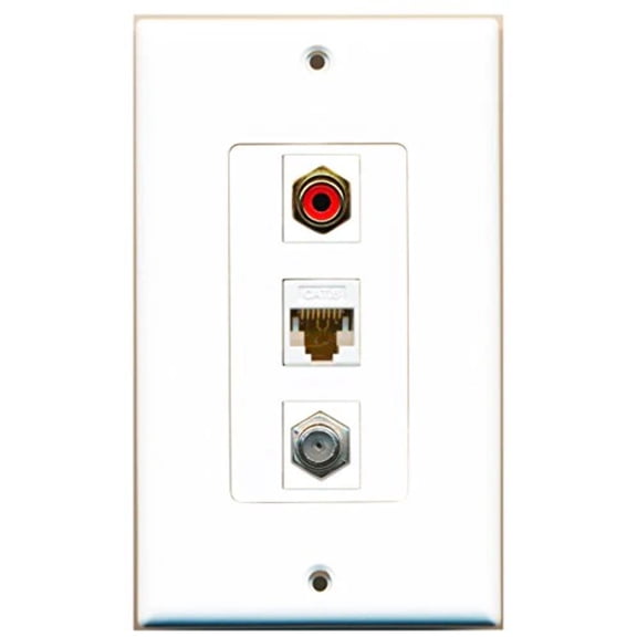 RiteAV - 1 Port RCA Red and 1 Port Coax Cable TV- F-Type and 1 Port Cat6 Ethernet White Decorative Wall Plate Decorative