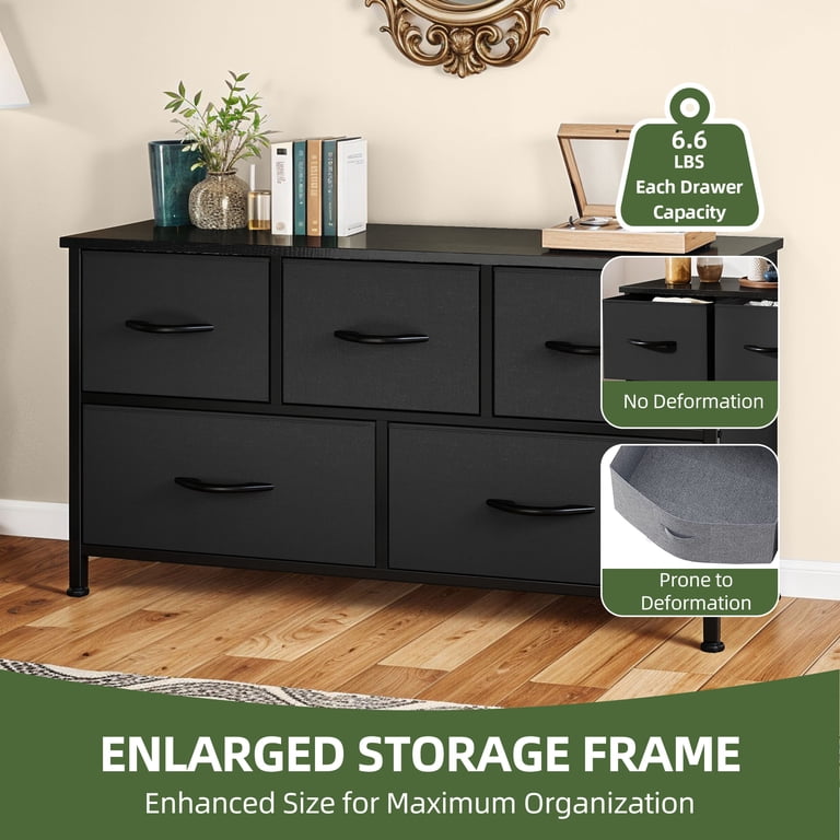 black 5 drawer dresser walmart Uforic for for Adult, Fabric Wide Chest of Drawers Nightstand Storage Tower Wooden Top, cloakroom or dressing room