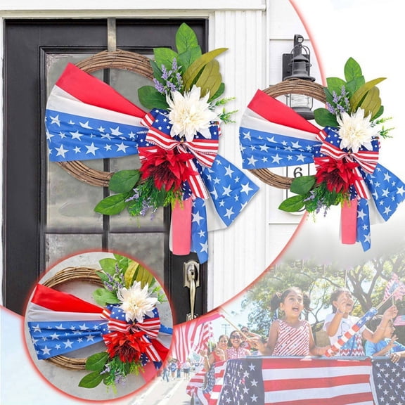 Patriotic Wreaths For Front Door 4th Of July Patriotic Wreath, Red White And Blue Wreath With American Flag For Independence Day Decor