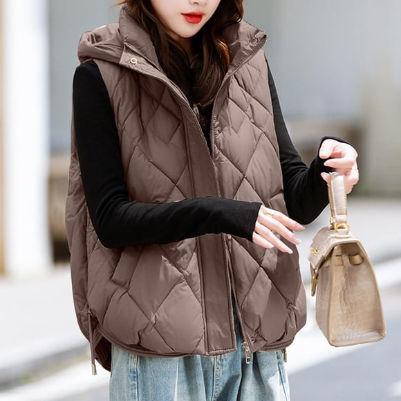 UPPADA Women's Hooded Puffer Vest Winter Warm Zip up Vest Quilted Padded Fall Jackets with Pockets Down Vest for Women Fitted Coffee,XXL