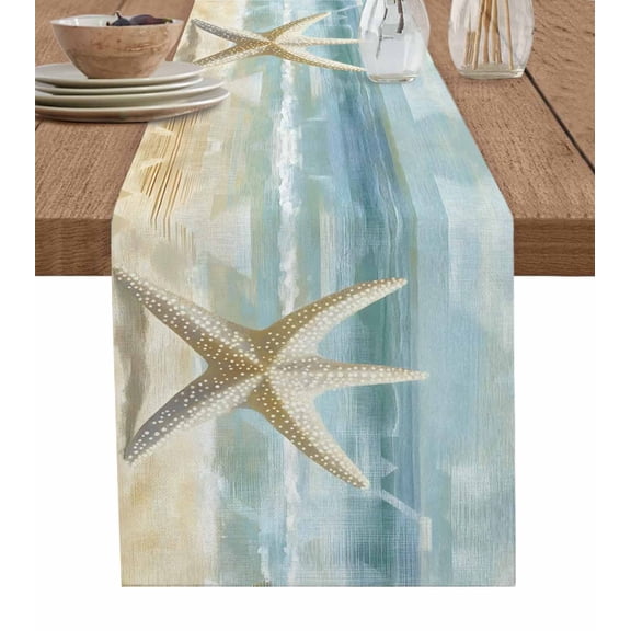 Boanket Boho Coastal Beach Table Runner - 60 Inch Long, Kitchen Dining Table Runner Dresser Scarves, Vintage Ocean Wave Starfish Farmhouse Decor for Coffee Tables Wedding Party Banquet