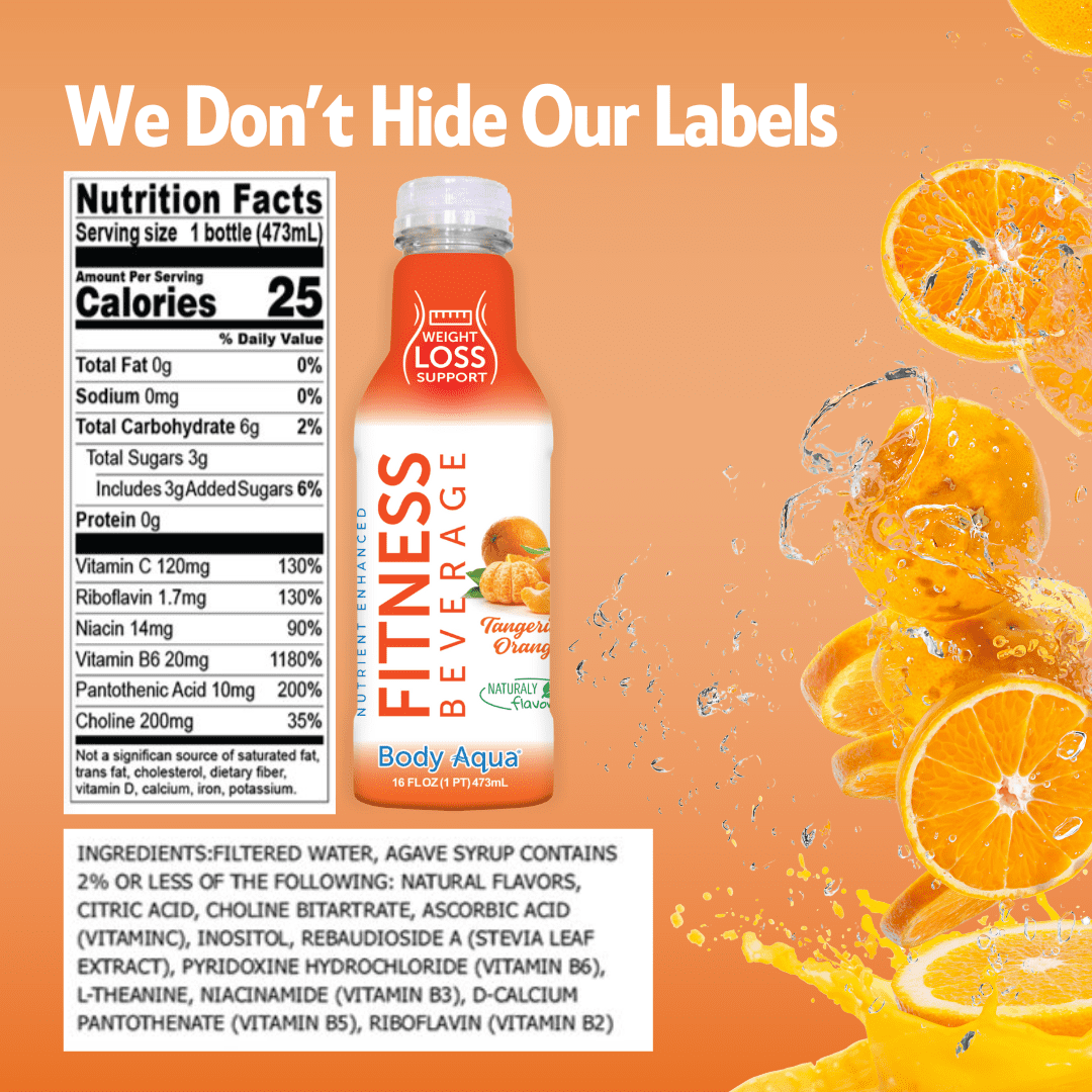 Body Aqua Fitness Beverage Tangerine Orange Vitamin Drink Low Calorie 12 Pack 16 fl oz