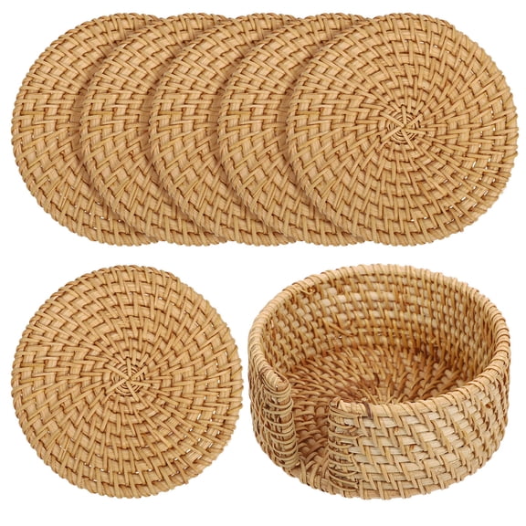 Pawsdot 1Set Round Rattan Coasters Set with Holder Rustic Light Brown Cup Mats for Home Table Protection