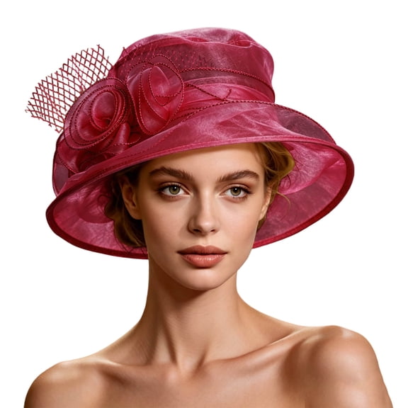 Women Organza Church Hat Floral Wide Brim Fascinator Derby Hat Wide Brim Sun Hats Wedding Tea Party Derby Occasions Watermelon Red Free Size