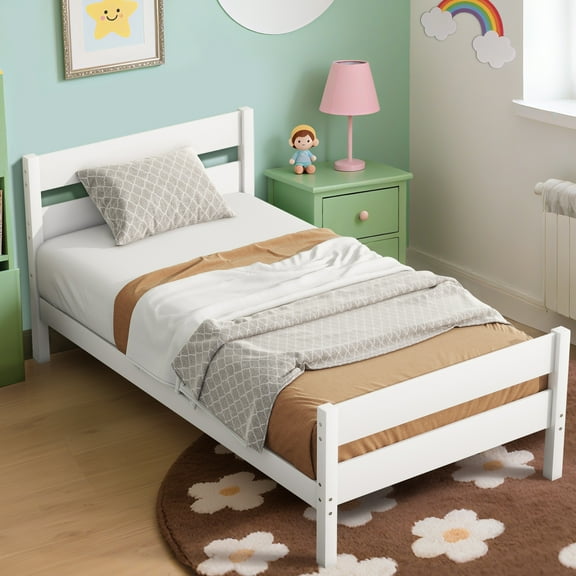 Miniyam Wood Twin Size Bed with Headboard for Kids and Teens, White