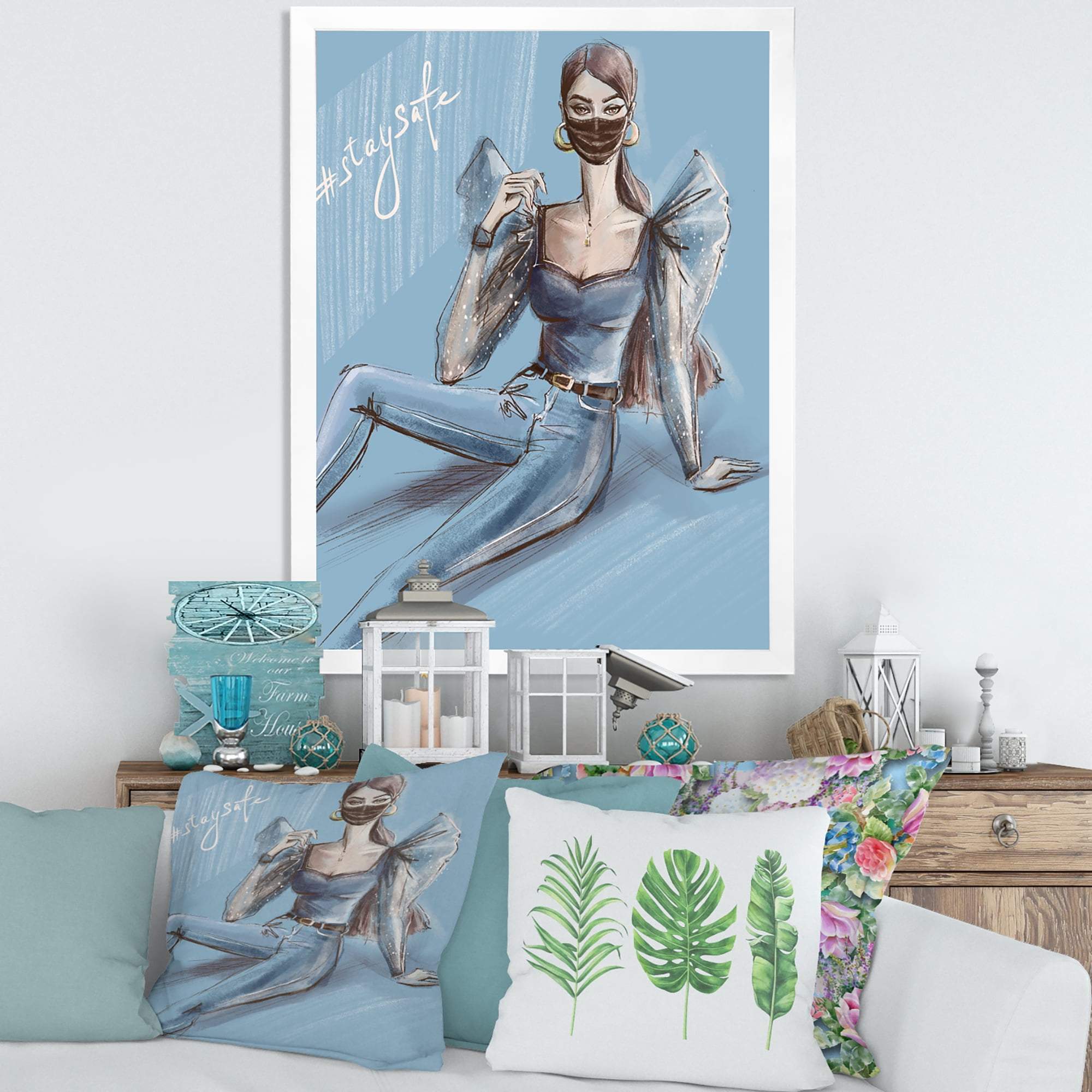 Stylish Beautiful Woman Wearing Medical Mask 12 in x 20 in Framed Painting Canvas Art Print, by Designart
