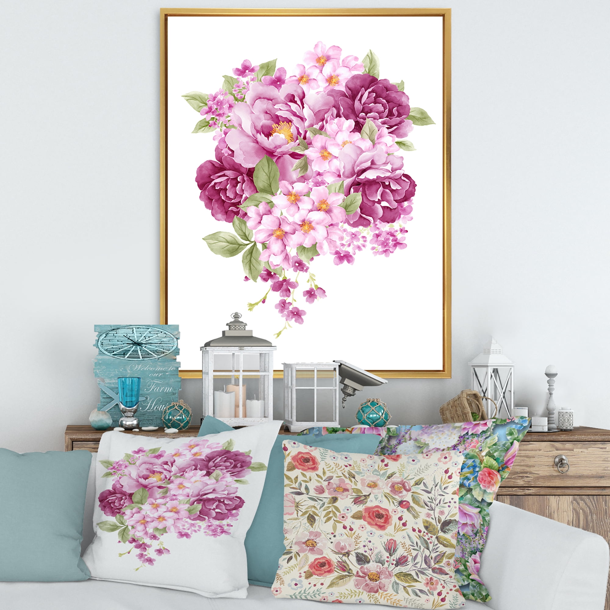 Designart 'Bouquet Of Pink Retro Flowers' Traditional Framed Canvas Wall Art Print