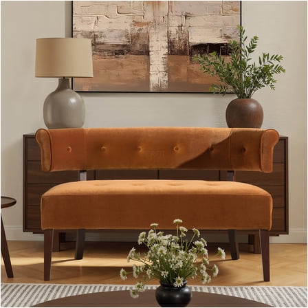 JERFIT Mid-Century Modern Velvet Bench Settee with Tufted Back, Sturdy Hardwood Frame for Entryway, Bedroom or Dining Nook, Burnt Orange