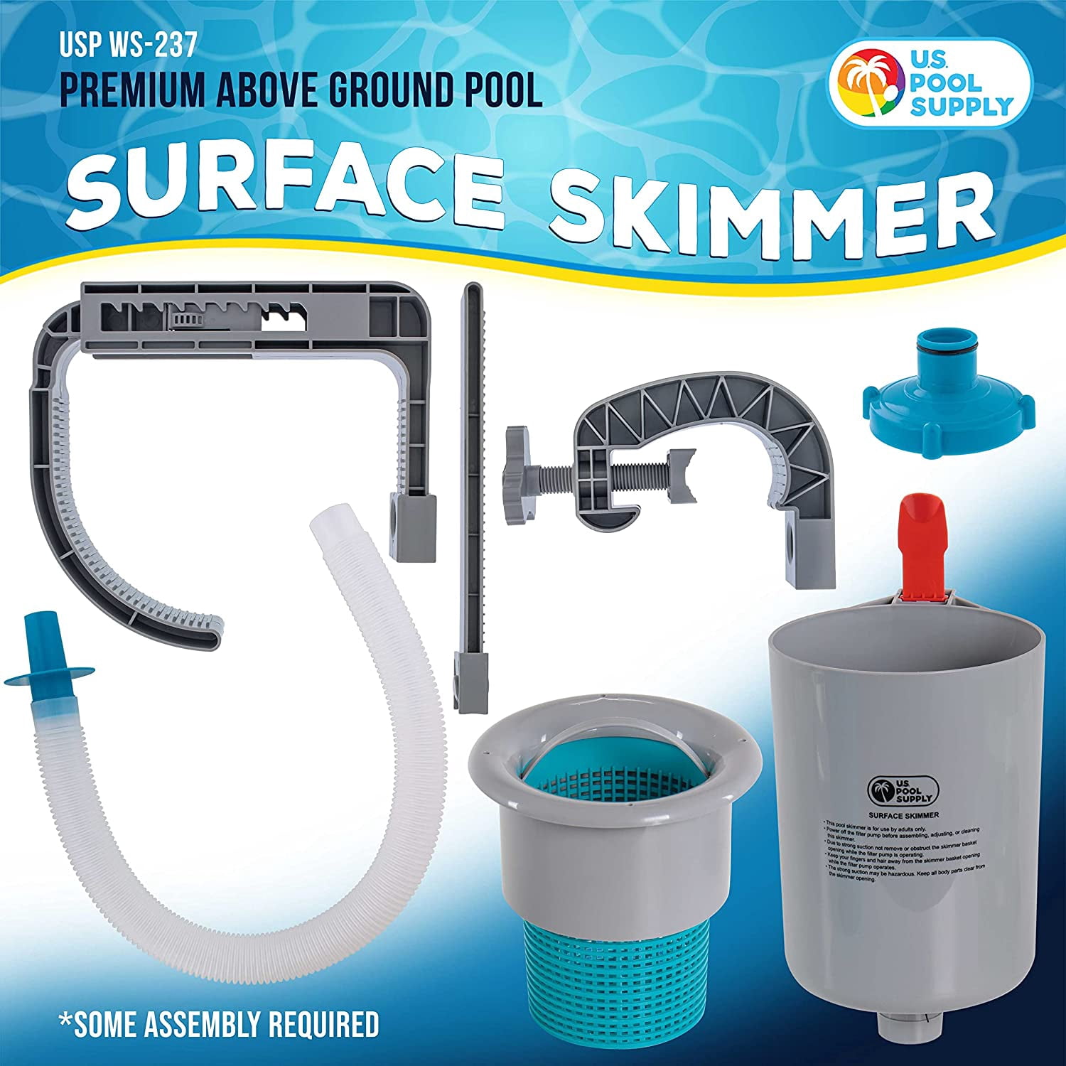 U.S. Pool Supply Pool Skimmer - Above Ground Pool Skimmer, Floating Surface Skimmer, 5 Adapters, Pool Accessories - Clean Debris Basket, Wall Mount, Attach to Inflatable Collars, Metal Frames