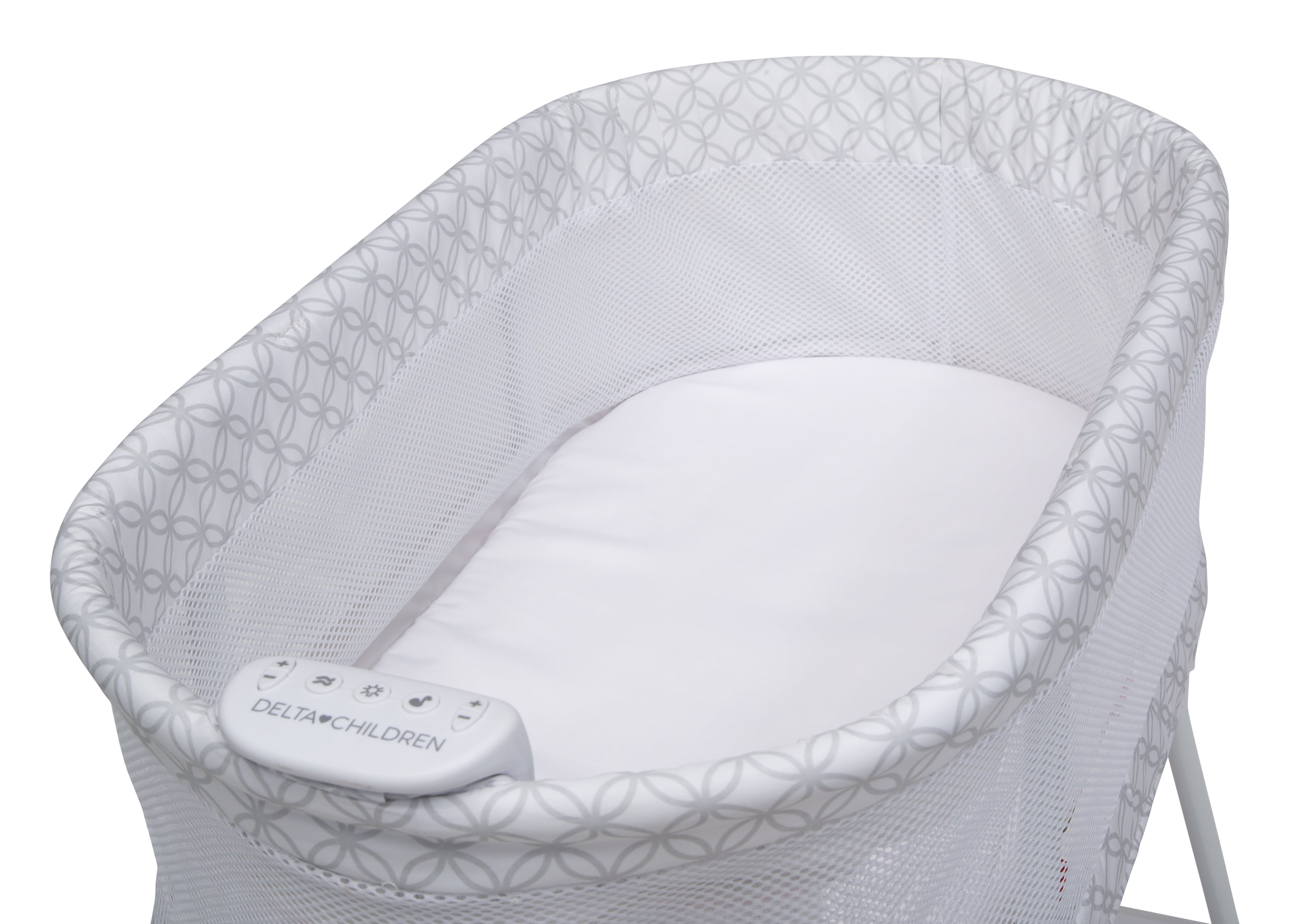 Delta Children Sweet Dreams Bassinet with Airflow Mesh - Bedside Portable Crib with Vibration, Lights and Music, Grey Infinity