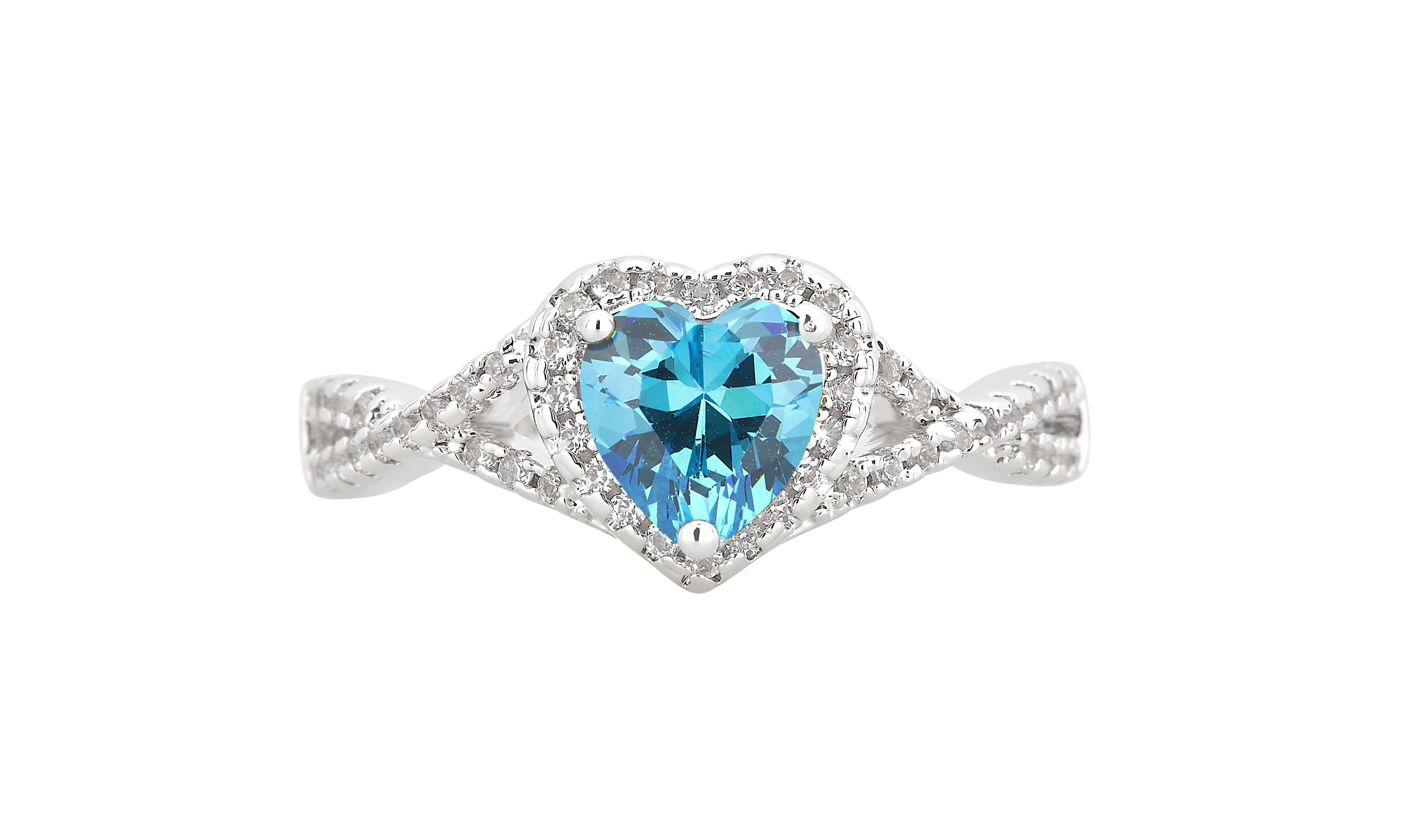 Arista Created Aquamarine and White Sapphire Women's Fashion Engagement Ring in Silver Overlay Brass