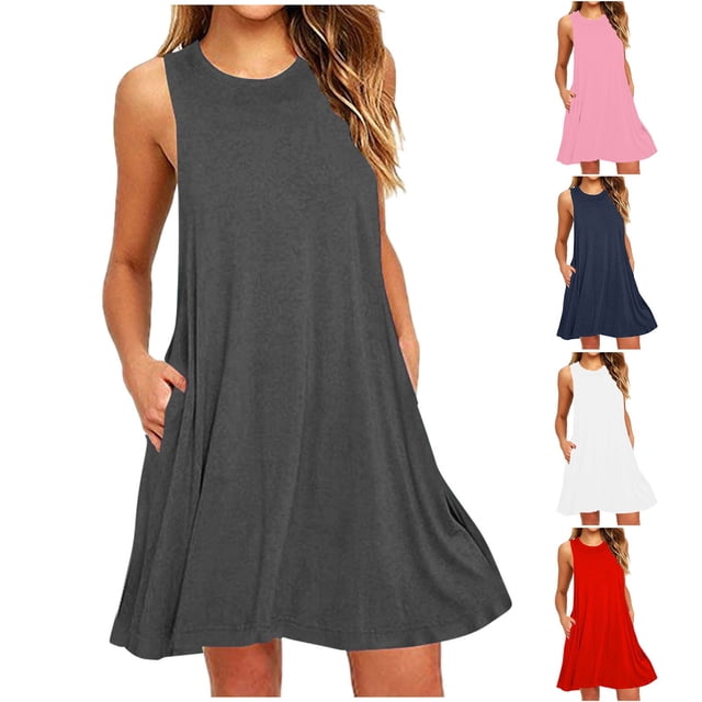 Meichang Robes d'Été pour Femmes Fluides Mini Robes Sans Manches Col Ras du Cou Robes Décontractées Unies Coupe Ample Poches Robe Débardeur de Plage
