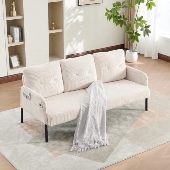 67" Corduroy Loveseat Sofa, Small Loveseat with Sturdy Structure, Traditional Sofa with Storage Pockets for Living Room Apartment Dorm, Beige