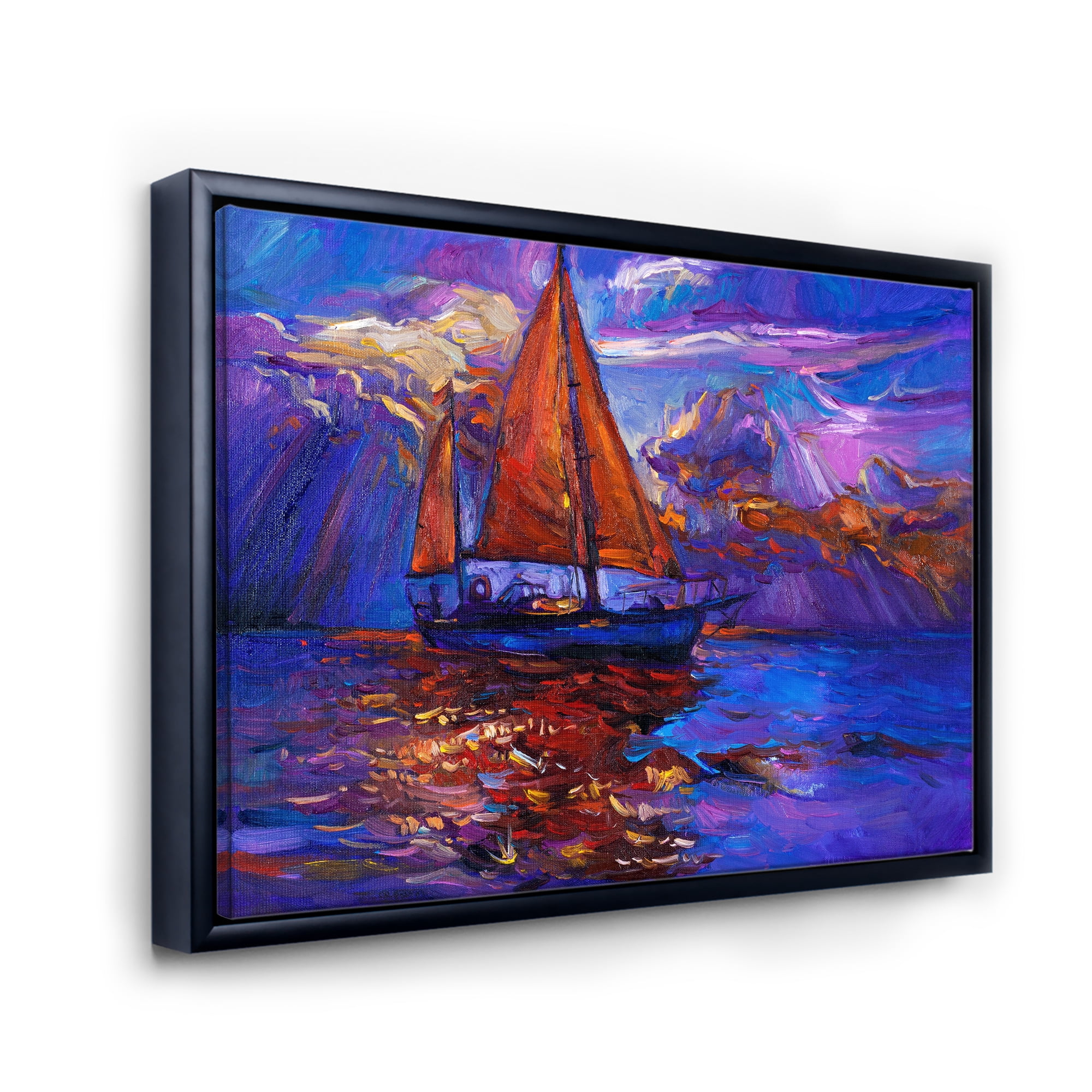 Red Sail Ship On Purple Sunset in Blue Ocean 40 in x 30 in Framed Painting Canvas Art Print, by Designart