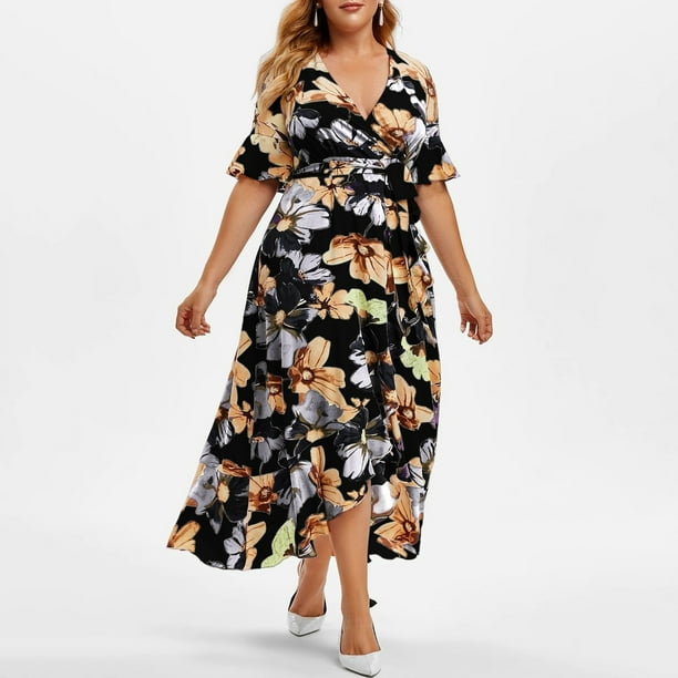 Puntoco Vestido Irregular Con Estampado Bohemio Informal De Talla Grande Para Mujer Negro Xxl,Regalos Para Mujer Joven